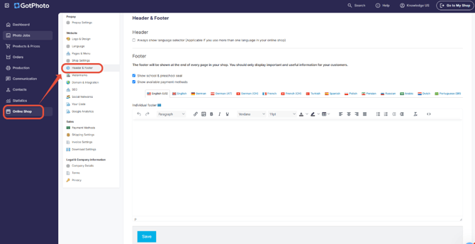 Custom footer editor showing footer text, link, and image options