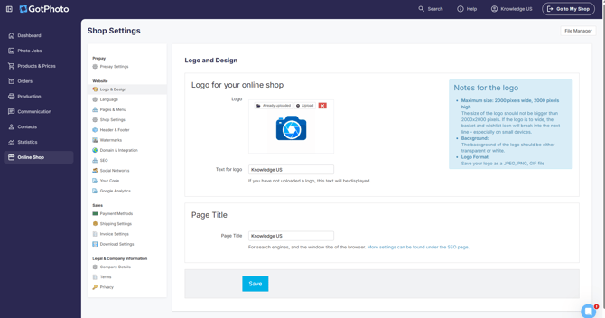 Logo & Design settings page with logo upload and page title fields