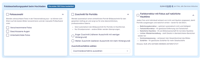 Fotobearbeitung beim Hochladen Auswahl Fenster