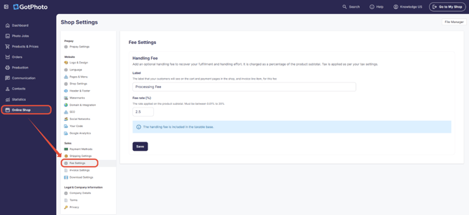 Handling fee settings page showing the label and percentage fields