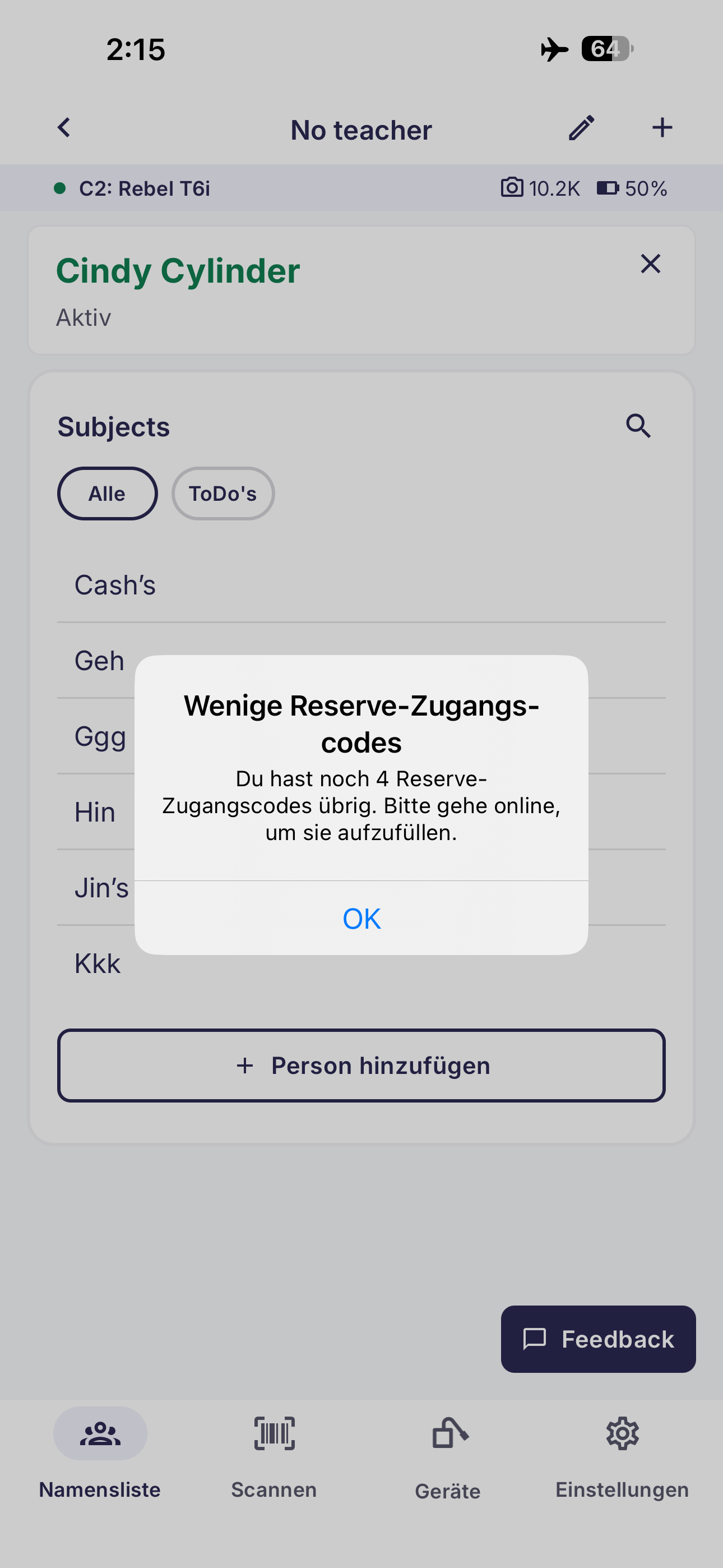 Meldung Wenige Reserve-Zugangscodes in der fotograf.de App
