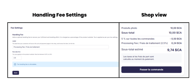 Input field for a bilingual handling fee label (English and French)