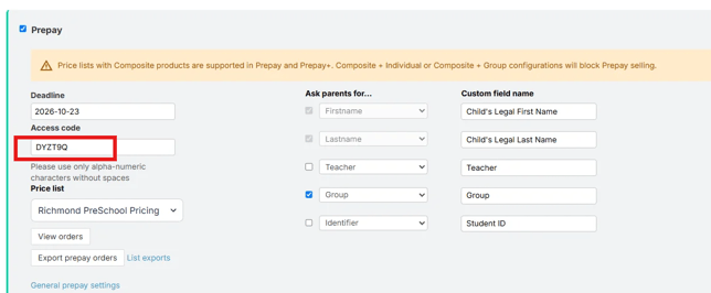 Prepay setting, the Prepay access code is highlighted.