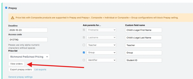 Prepay settings screen with an arrow pointing to the “View orders” button below the Price Profile dropdown.