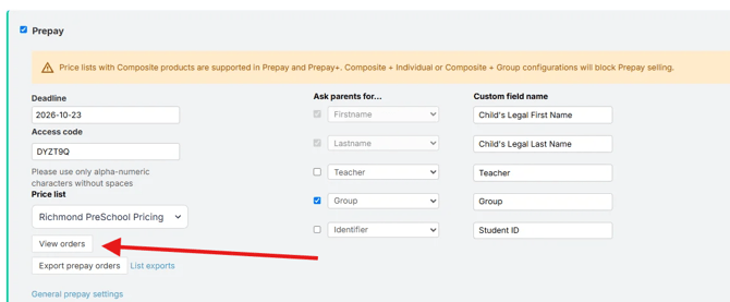 Prepay settings screen with an arrow pointing to the “View orders” button below the Price Profile dropdown.