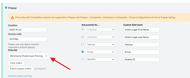 Prepay settings, an arrow points to the prepay price list