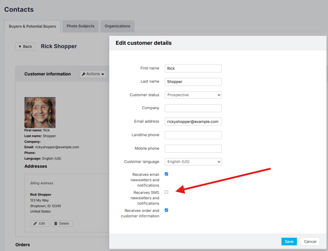 SMS settings of a sample customer