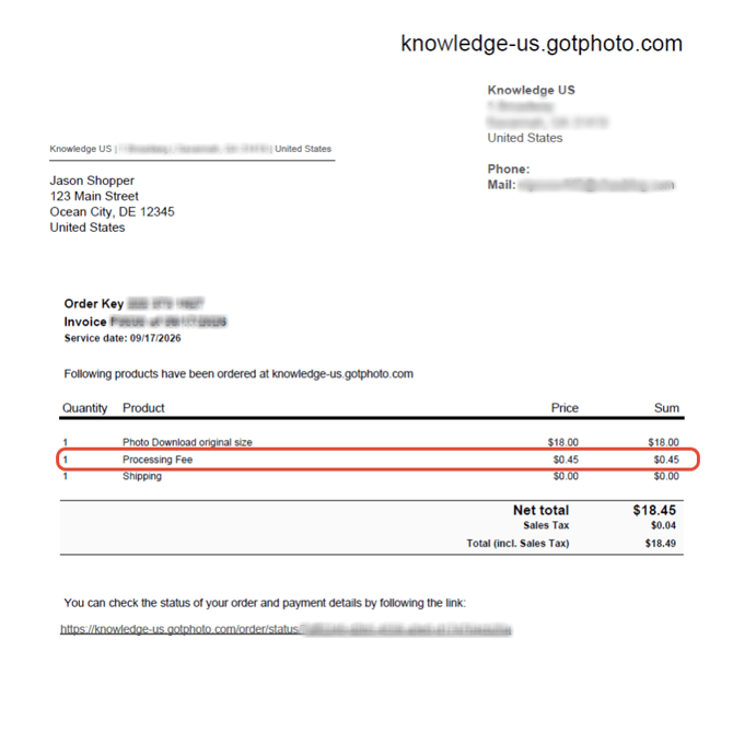 Sample customer invoice showing the handling fee