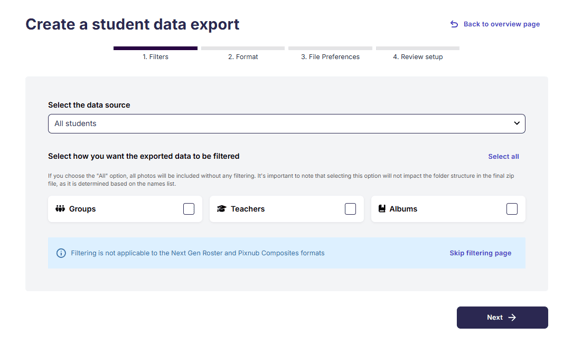 Create a student data export, step 1 Filters: data source dropdown (1) and filter options for the exported data (2)