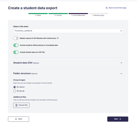Student data export: File name settings and folder structure