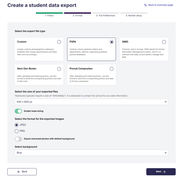 Create a student data export, step 2 Format: export file types, image size, Enable head sizing toggle, JPEG or PNG format, and background selection