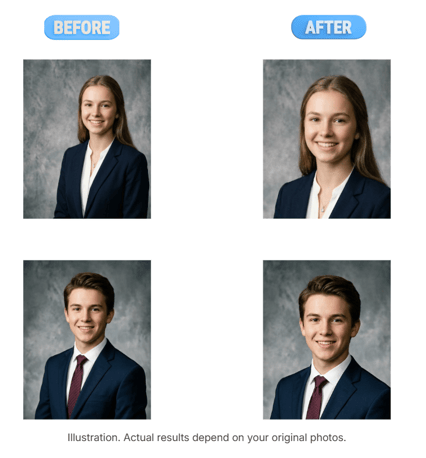 Head sizing before and after: two student portraits cropped so the head has the same size and position