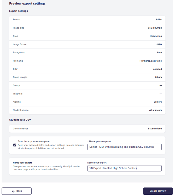 Preview export settings summary with format, image size, crop, file name, and CSV settings, plus the options to save the export as a template and name the export