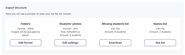 Export structure section in the preview: folders, students' photos, missing students list, and names list, with Edit format, Edit settings, Download, and See list buttons