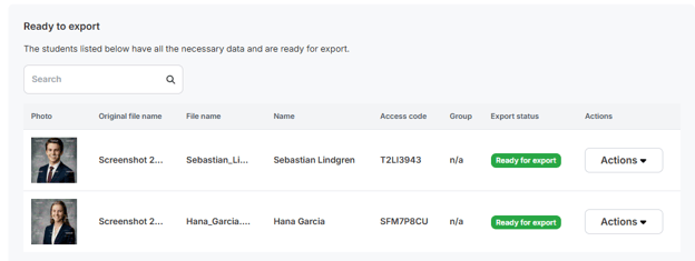 Ready to export section listing students with complete data, each with a Ready for export status and an Actions dropdown
