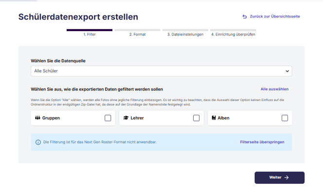 Datenquelle und Filteroption