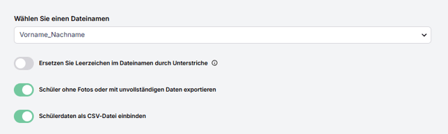 Zusätzliche Einstellungen: Dateinamenformat, Schüler ohne Fotos und CSV einbinden
