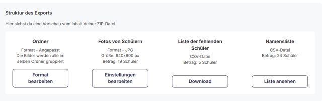 Struktur des Exports: Ordner, Fotos von Schülern, Liste der fehlenden Schüler und Namensliste mit den Buttons Format bearbeiten, Einstellungen bearbeiten, Download und Liste ansehen