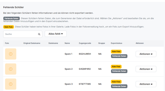 Bereich Fehlende Schüler: Liste der Schüler:innen mit fehlenden Fotos oder Daten und Aktionen-Dropdown