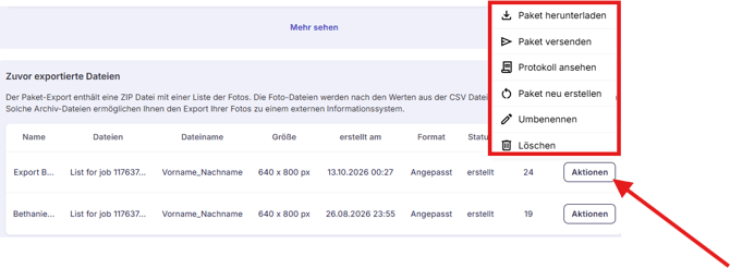 Schülerdatenexport unter Aktionen herunterladen