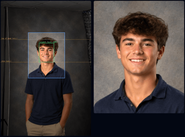 Head sizing example: on the left, the original photo shows the detected face, the estimated top of the head and chin, and the crop area. On the right, the exported photo is cropped to head and shoulders.