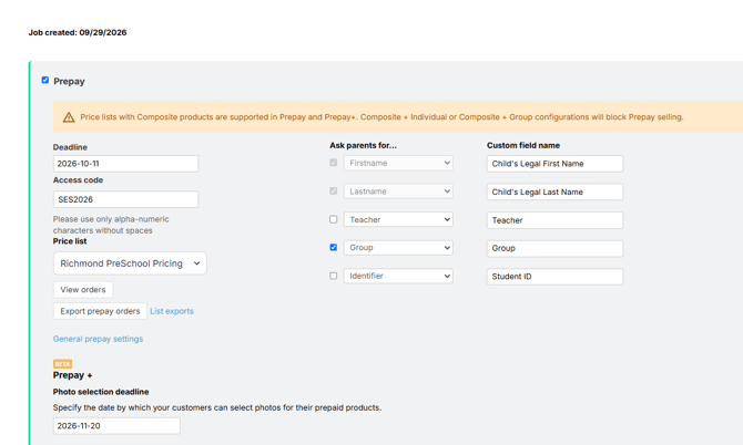 Prepay settings under Important Events