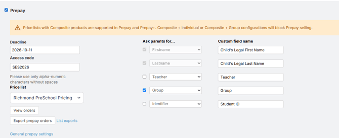 Prepay settings with deadline, access code, price profile, and custom fields.