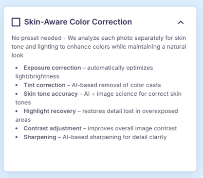 Skin-Aware Color Correction at Upload service offer