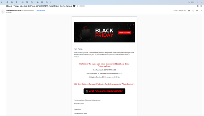 Black Friday Email in der Kundenansicht (Desktop)