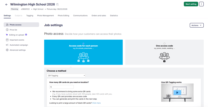 Preview of the Photo Job Settings page