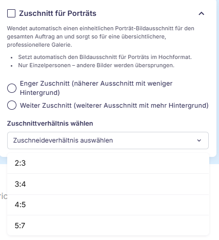 Zuschnitt für Porträts-Menü mit Zuschnittsarten und geöffneter Seitenverhältnis-Auswahl.