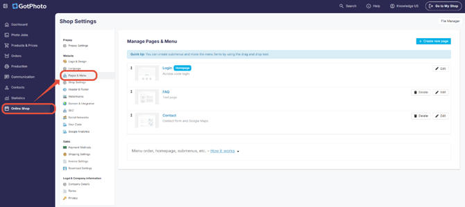 Pages & Menu settings showing the shop's navigation menu configuration