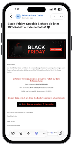Black Friday E-Mail: Mobile Kundenansicht auf einem Smartphone