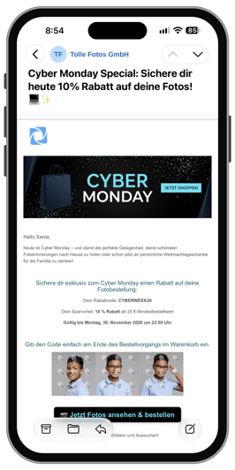 Cyber Monday E-Mail in der Smartphone-Kundenansicht