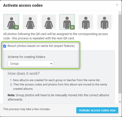 A screenshot of the access code activation settings with 'Resort photos based on names list' checked and 'Group' selected in the dropdown menu.
