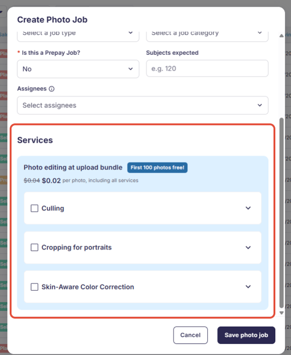 PHoto Editing at upload bundle selection during job creation
