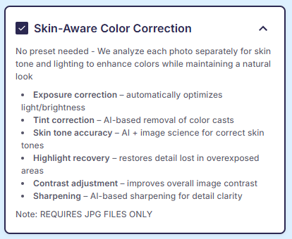 Skin-Aware Color Correction at Upload service offer