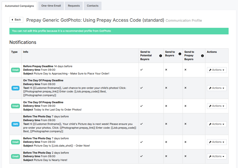 Prepay generic GotPhoto communication profile: list of automated email and SMS notifications with delivery settings and actions.