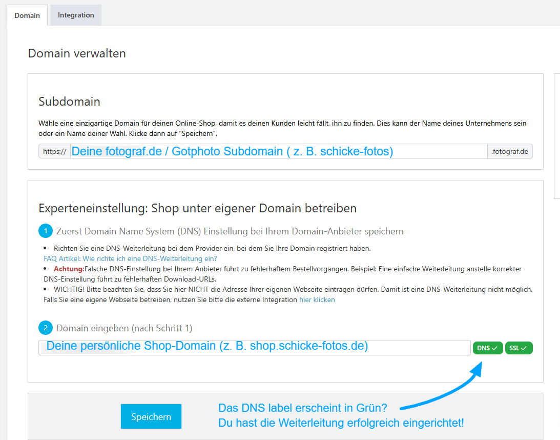 Grünes DNS Label nach erfolgreicher Einrichtung