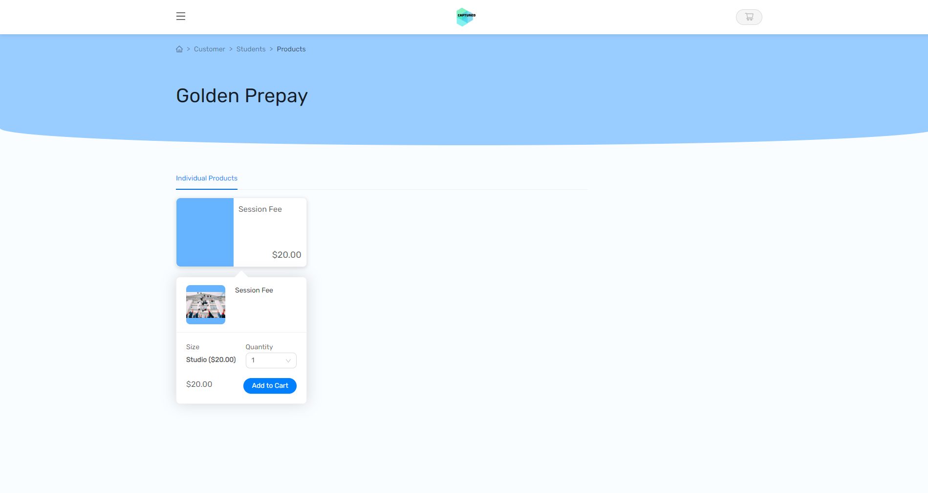 Session Fee product displayed in the Prepay shop