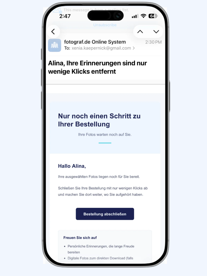 Mobile Ansicht einer Warenkorberinnerung