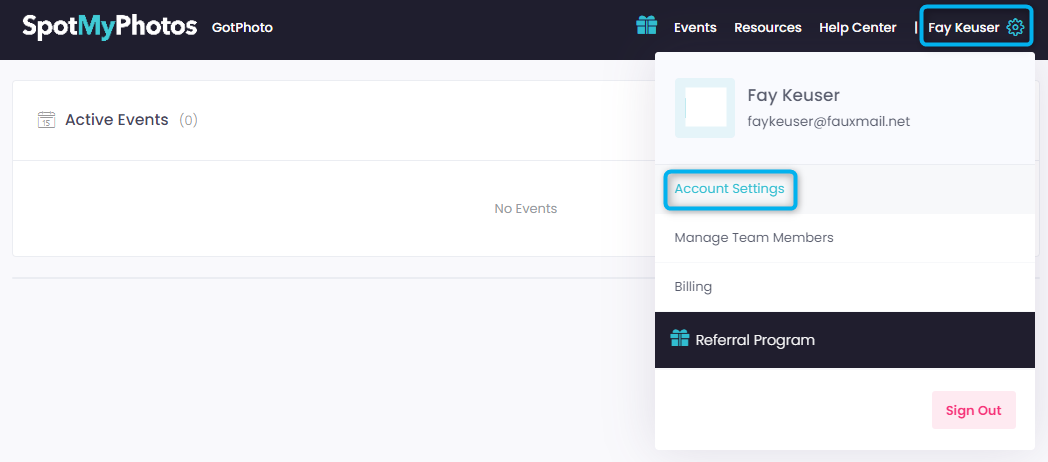 Account menu showing 'Account Settings' highlighted and 'Referral Program' selected.