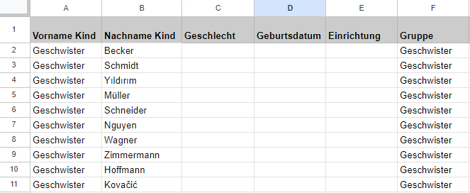 Beispielhafte Namensliste mit zusätzlicher Geschwistergruppe.