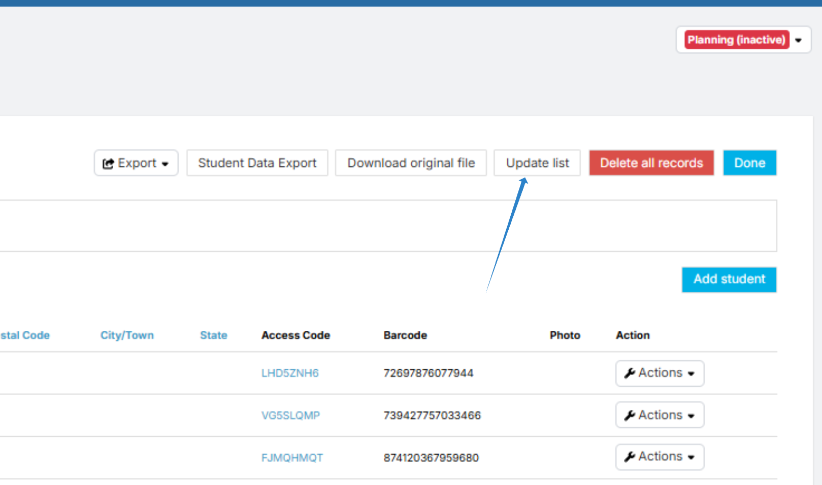Screenshot of the upload different list button