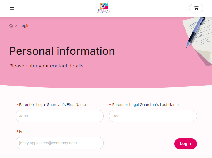 Personal information form with fields for parent's first name, last name, and email.
