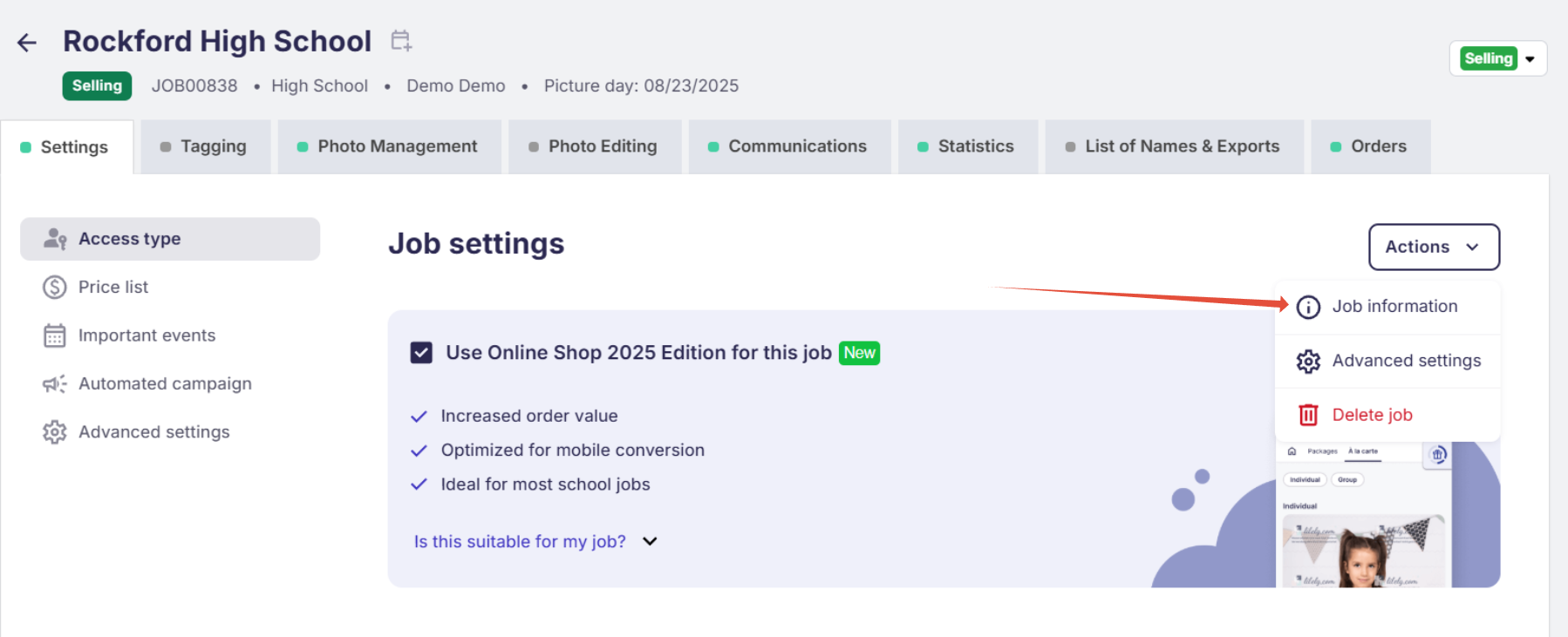 Photo Job settings page with the 'Edit Job Information' option selected from the Actions dropdown.