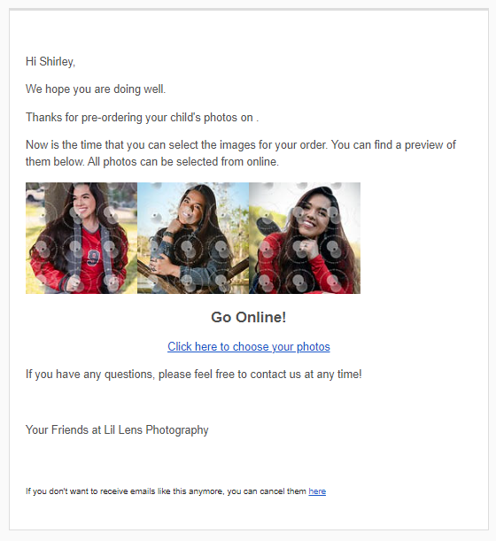Sample email for prepay buyers to select images.