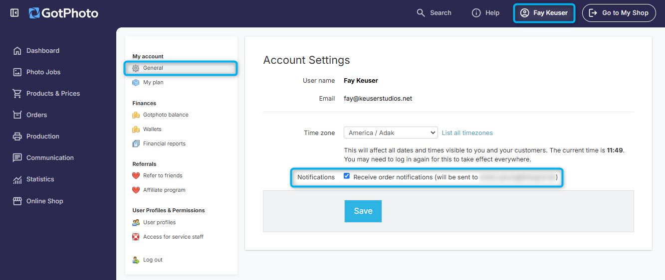 Order notification setting in the account preferences menu