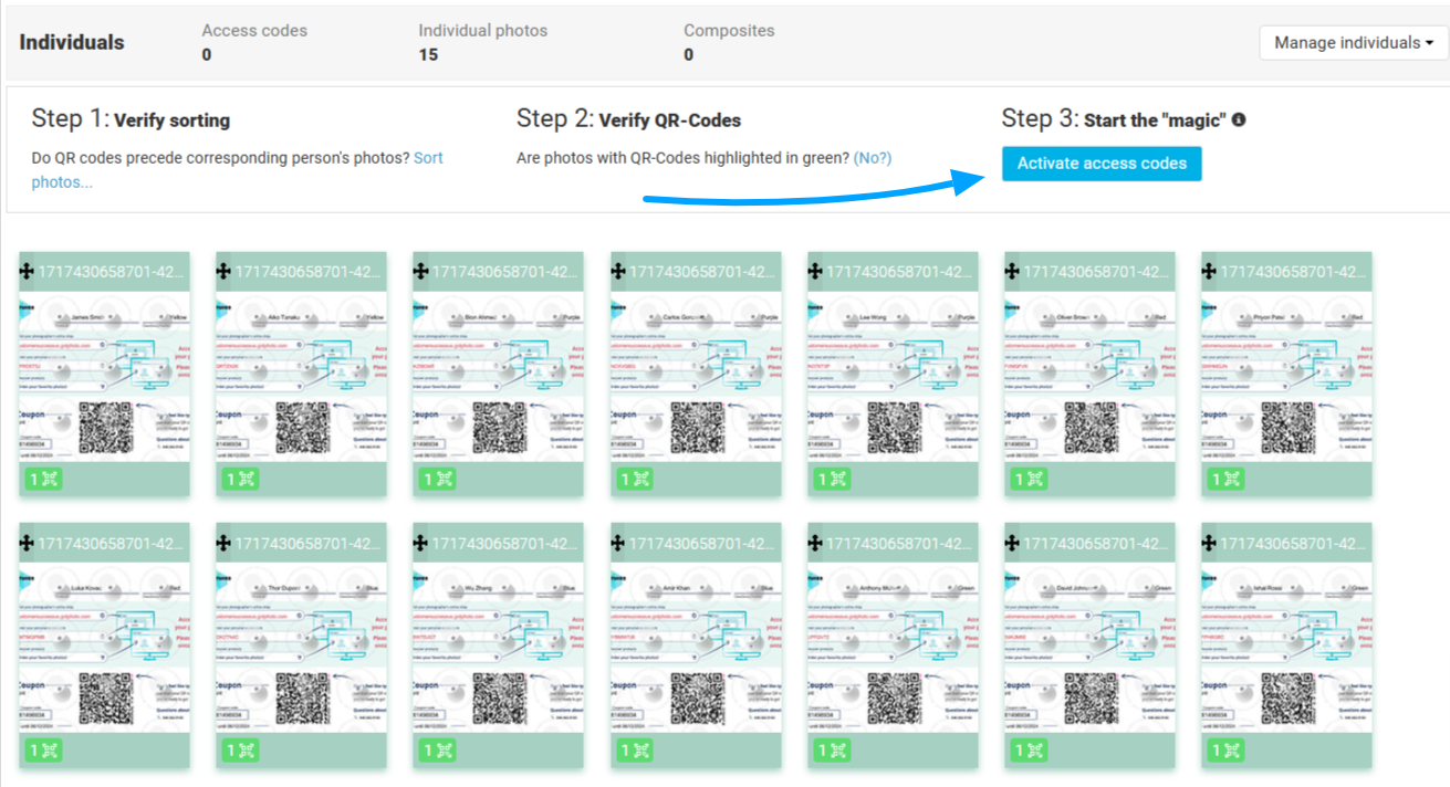 QR code verification screen with green-highlighted images and an arrow pointing to the “Activate access codes” button.