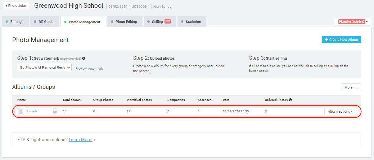 GotPhoto Photo Management tab showing an 'Uploads' album containing all linked images.